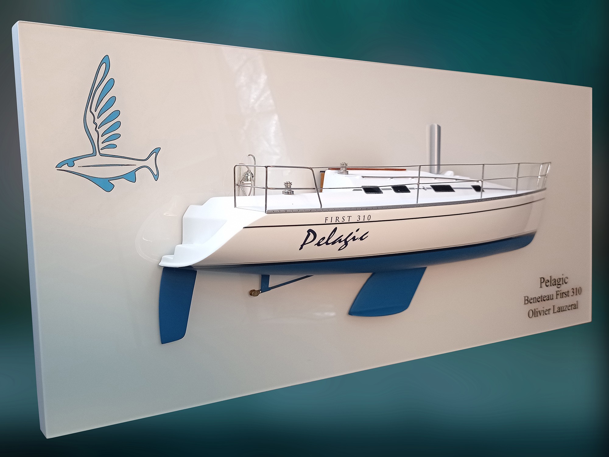 Custom Half Models - Beneteau - Beneteau First 310 custom half model with a modern white backboard - Abordage